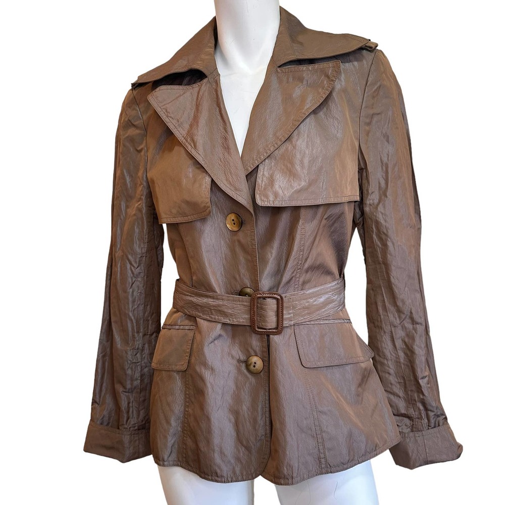 Lafayette 148 New York Shiny Metallic Brown Belted Short Trench Coat sz 10